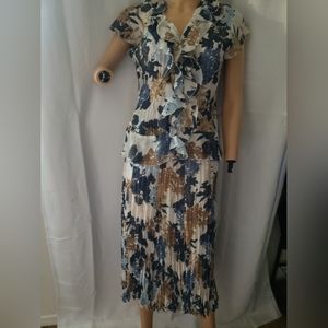 Allison Taylor Silk Blouse & Skirt Set Sz M Blue flower Print  Vintage